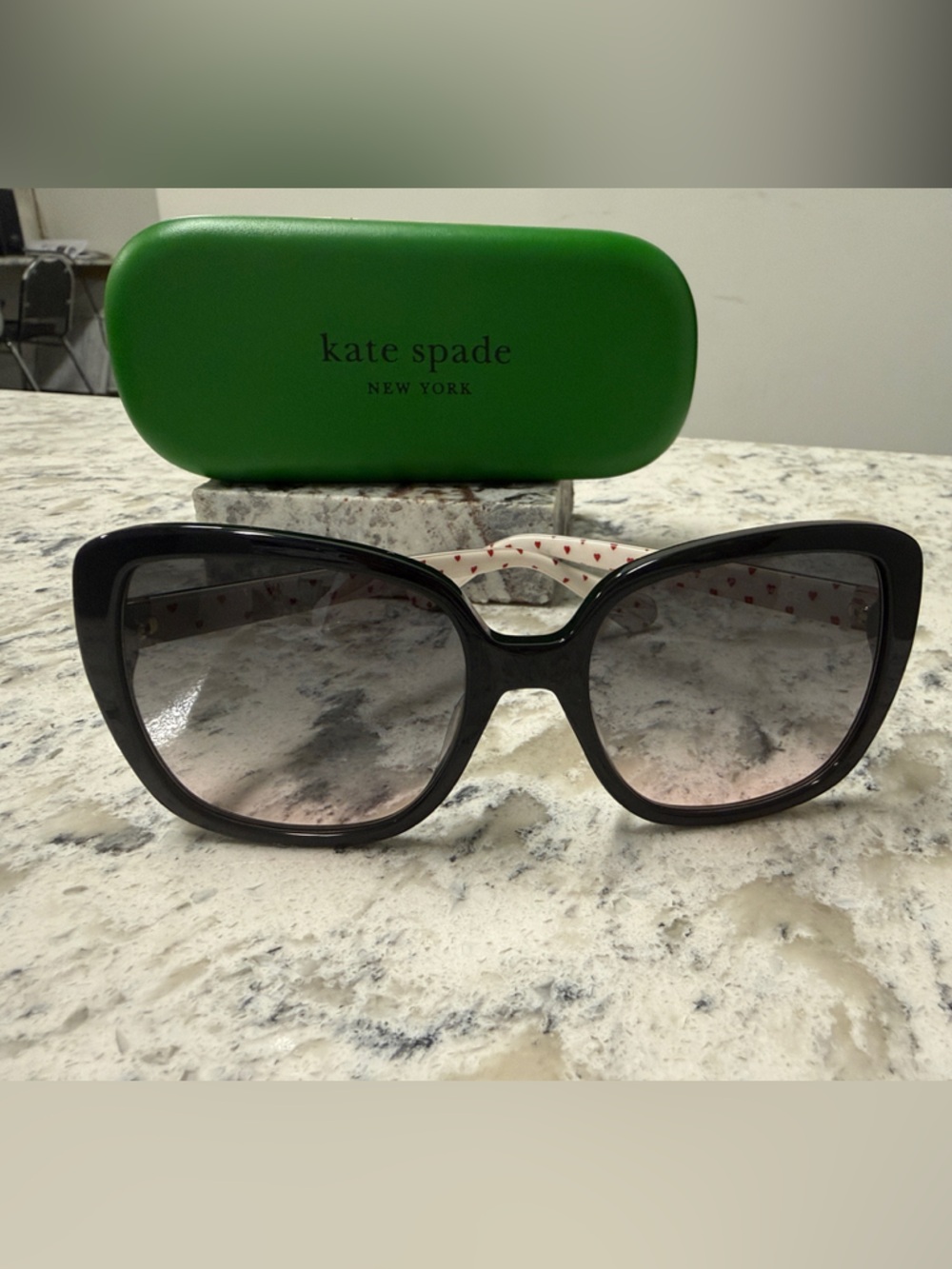 kate spade Black Frame Sunglasses with Red Heart ❤️ Polka-Dot Temples